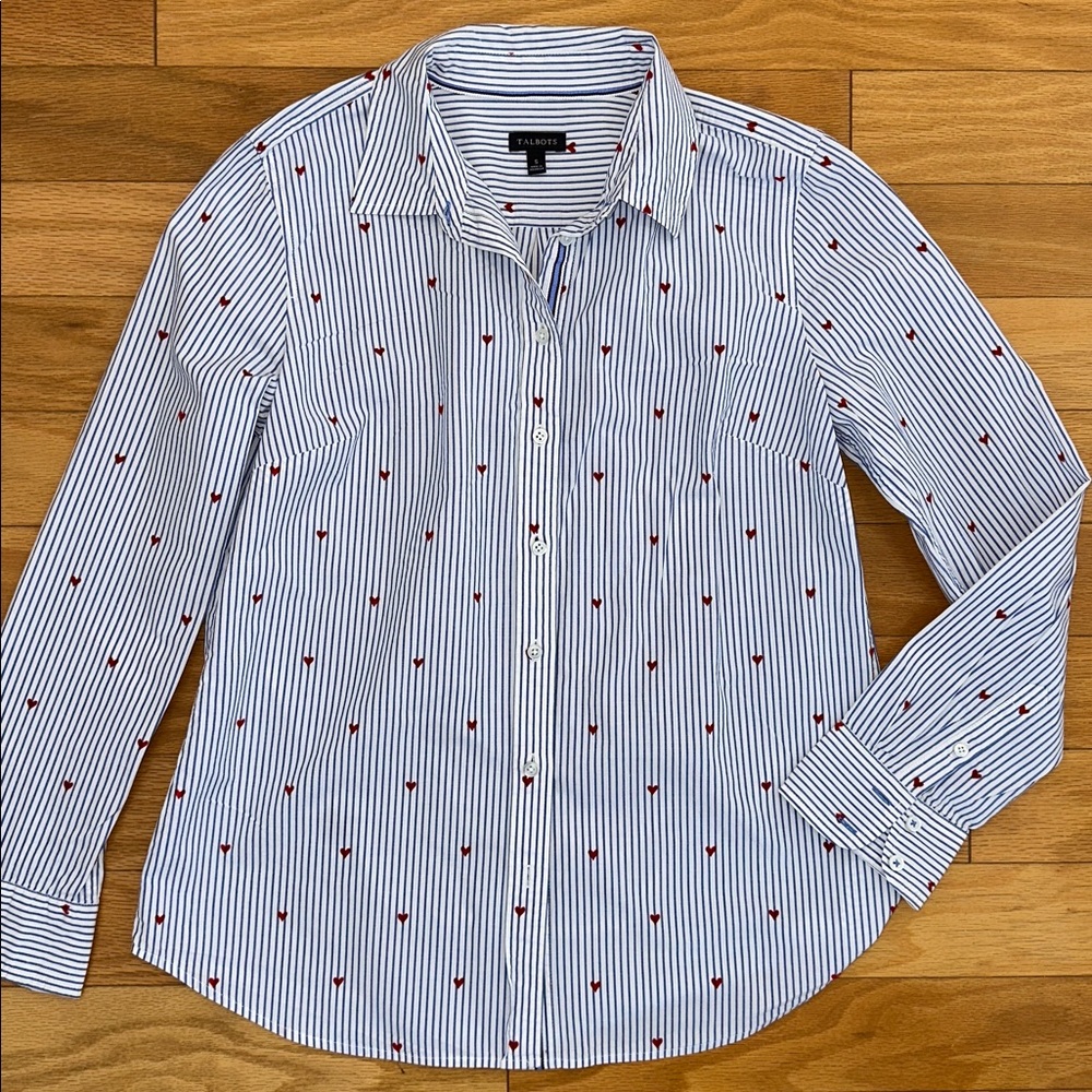 Talbots Red Heart Button Down Blue and White Strip Oxford Shirt Small